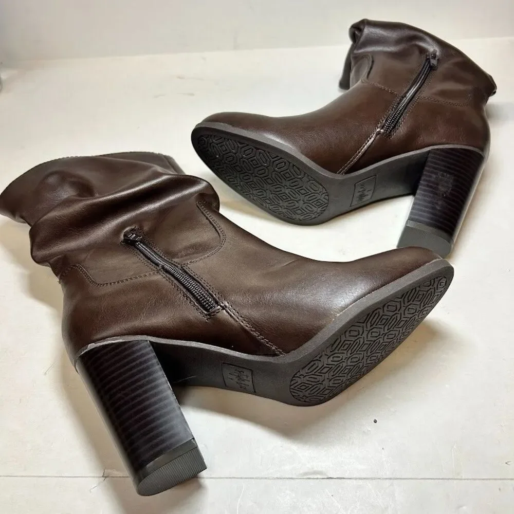 Style & Co Womens 7 M Brown Saraa Faux Leather Block Heel Boots DISPLAY QK9